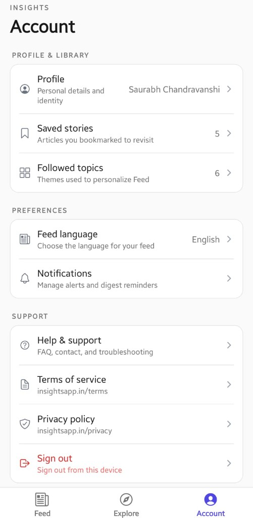 Insights account and preferences